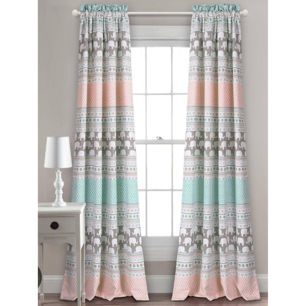 2 Lush Decor Elephant Stripe Curtain Panels 52x84" Gray Multi Boho Ruffle Set
